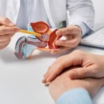 doctor con modelo anatómico de próstata